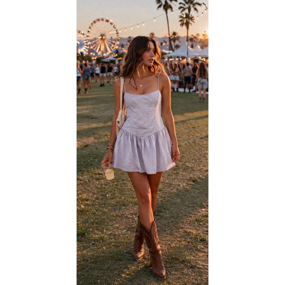 Florence Linen Blend Corset Basque Waist Mini Dress Juniors L Smocked Festival